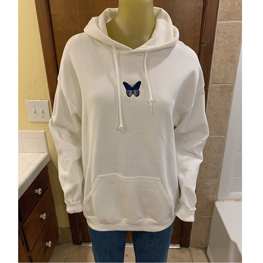 White Oversized Butterfly Embroidered Hoodie. Size medium.